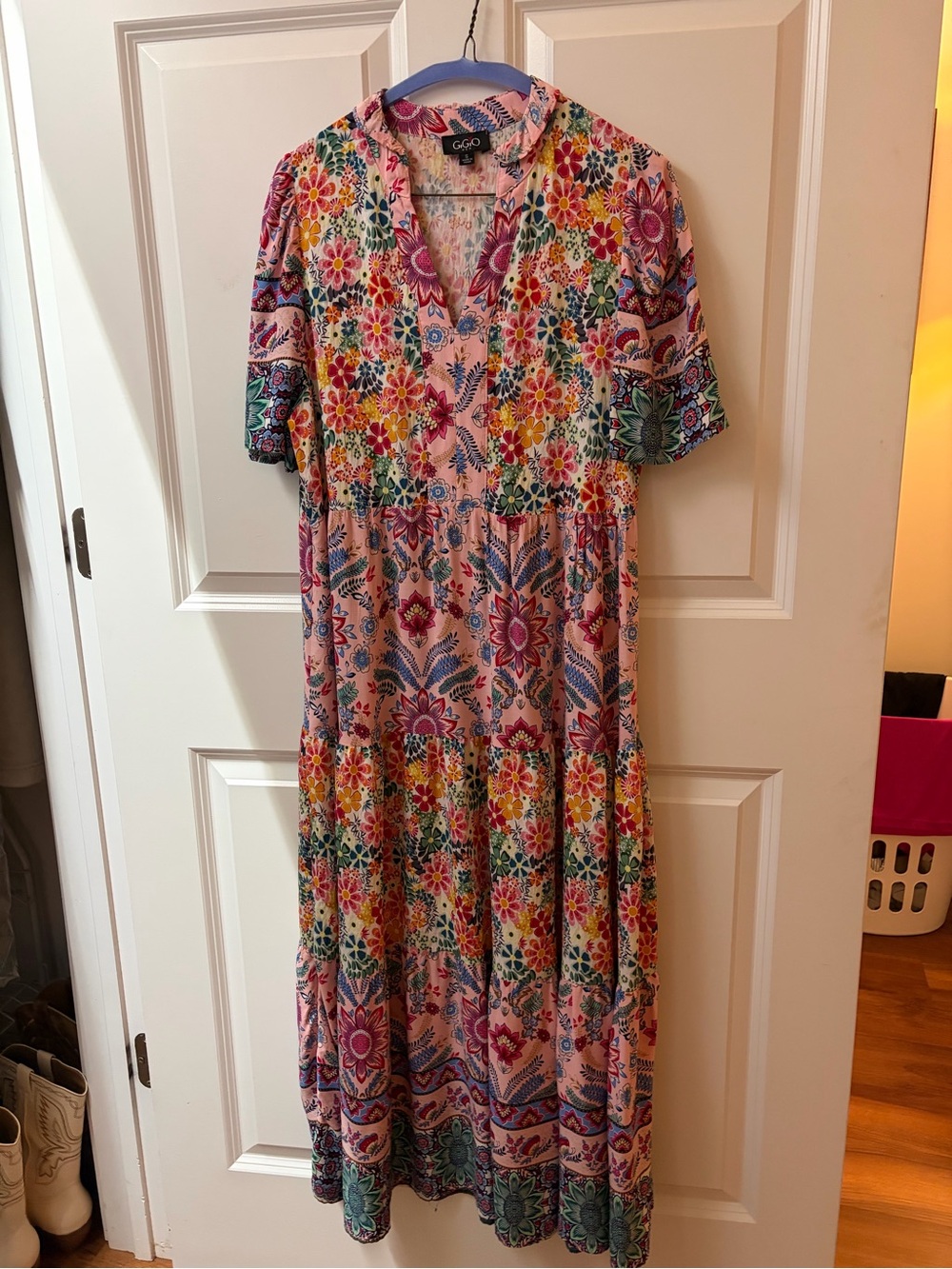 Floral Patchwork Tiered Maxi Dress in Pink